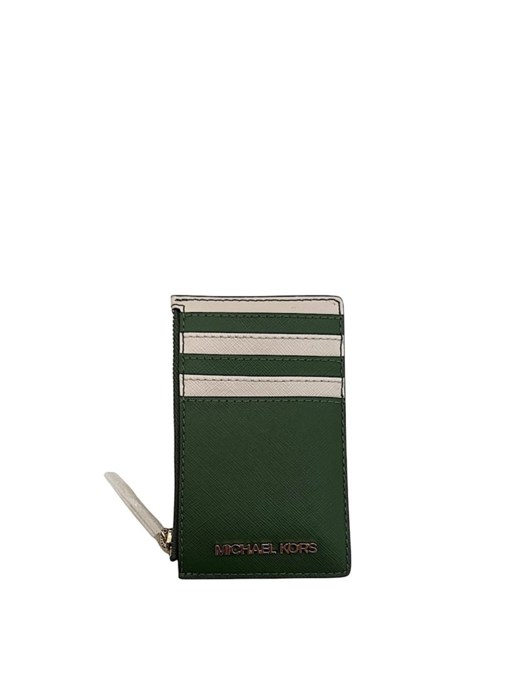 MICHAEL KORS - GREEN WHITE JET SET TRAVEL TOP ZIP CARDHOLDER WALLET